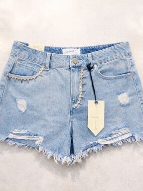 Banjara Y2K Rhinestone Denim Shorts High Rise Distressed Festival Size 9 NWT